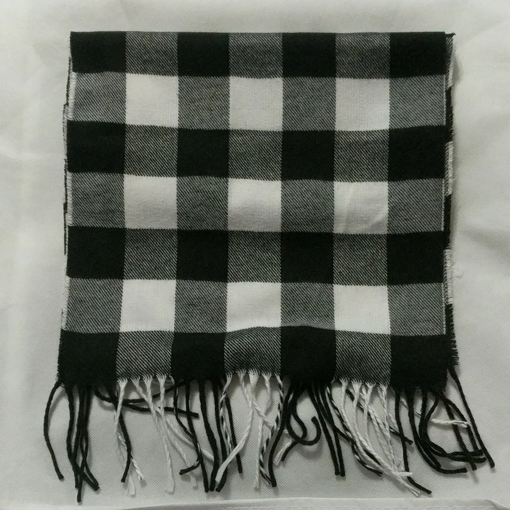Black, White, Grey Check Plaid Woven Soft Scarf with Fringe